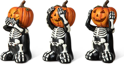 5.75" Jack-O'-Lantern Skull Figurine Statues | Collectible Halloween Decor (3-Pack)