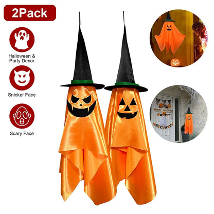2 Pack Hanging Ghosts with Wizard Hat Snicker Scary Face Halloween Party Hanging Decorations Pumpkin Wizard Hat for Eave Tree Porch