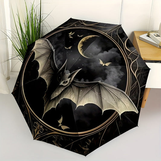 Bat Moon Gothic Umbrella - Automatic Open/Close, Compact Folding design with Bat & Moon Night Sky Art - Lightweight Umbrella for Halloween, Cosplay, T