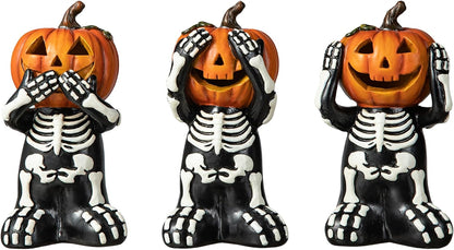 5.75" Jack-O'-Lantern Skull Figurine Statues | Collectible Halloween Decor (3-Pack)