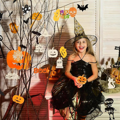 36PCS Wooden Halloween Ornaments to Paint Fall Decorations, 12 Styles DIY Blank Autumn Unfinished Wood Skull Pumpkin Ghost Bat Boo Trick or Treat Halloween Cutouts Ornament for Crafts Party Hanging