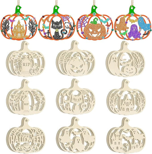 36PCS Wooden Pumpkins Ornaments to Paint Halloween Thanksgiving Decoration Cutouts Unfinished 3.5 inches, DIY Blank Unfinished Pumpkin Ornament for Home Harvest Crafts Hanging Autumn Decor（6Style）