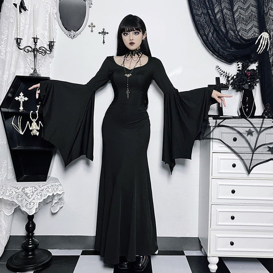 Gothic Black Maxi Dress with Bell Sleeves for Witchcore Elegance