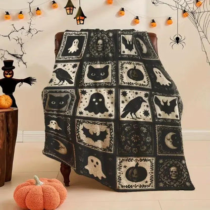 Black and White Ghost Bat Pumpkin Witch Hat Pattern Soft Funny Throw Blanket