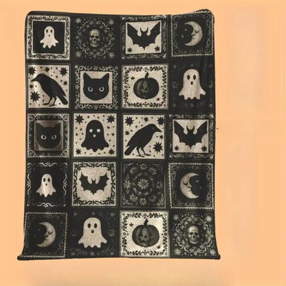 Black and White Ghost Bat Pumpkin Witch Hat Pattern Soft Funny Throw Blanket